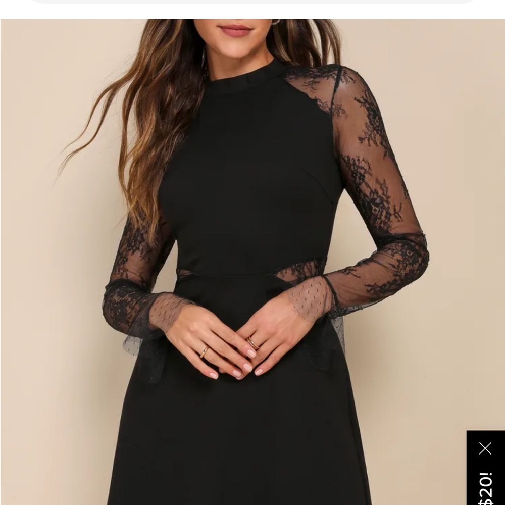 Lulus Bragging Rights Black Lace Long Sleeve Skater Dress Never Worn